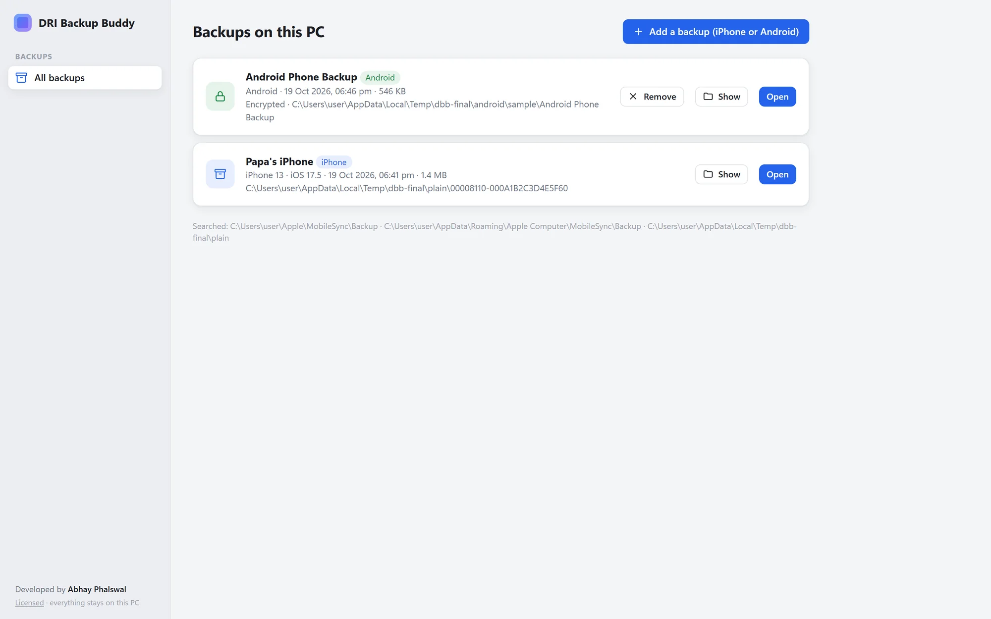 List of iPhone and Android backups found on the PC