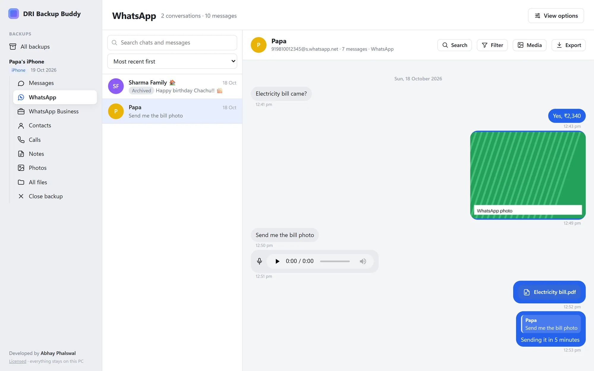 A WhatsApp chat from an iPhone backup open in DRI Backup Buddy, with a photo, a voice note, a PDF and a reply